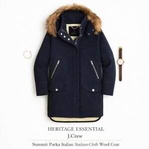 J.Crew Summit Parka Italian Stadium-Cloth Wool Navy 2P Fur Hood NWOT